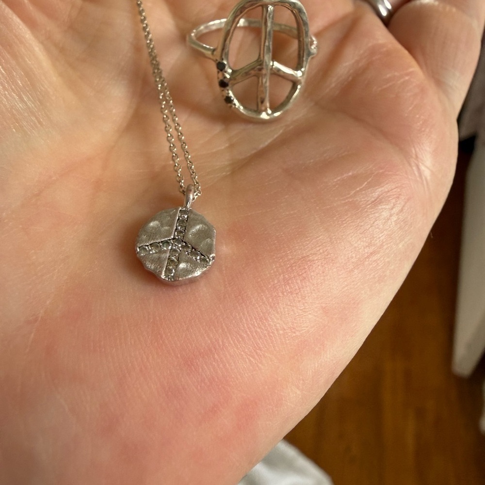 Silver Peace Sign Necklace and Ring Set